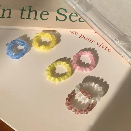 HUANZHI 2020 New Lovely Simple Summer Korean Colorful Transparent Beads Heart Rings for Women Party Vacation Jewelry Gifts