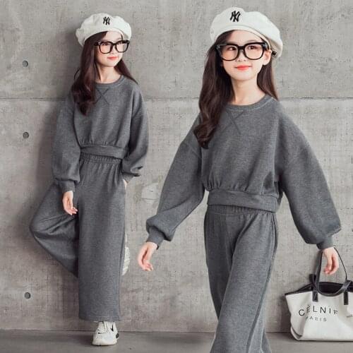 Big Girl Sets 2021 Fall New Teenage Girls Grey Puff Sleeve T shirts And Causal Pants 2Piece Suits Children Outfits 6 8 10 12 14T