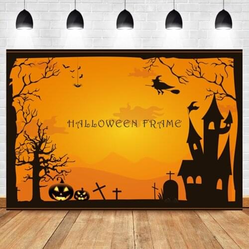 Laeacco Halloween Frame Photography Backgrounds Forest Trees Castle Pumpkin Light Bat Witch Tombstone Photophone Photo Backdrops