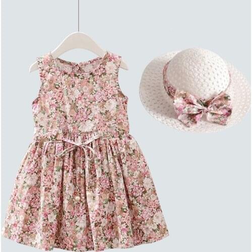 Hot sale 2020 Kids girls new summer dress children fashion floral print cotton dress with hat for girls 3-8 years
