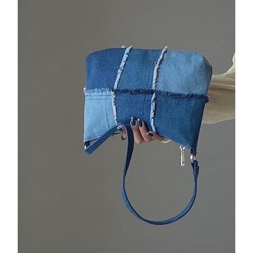 Fashion Women Small Baguette Handbags Denim canvas stitching Shoulder Bags Vintage Simple Girls Clutch Purse Tote blue color