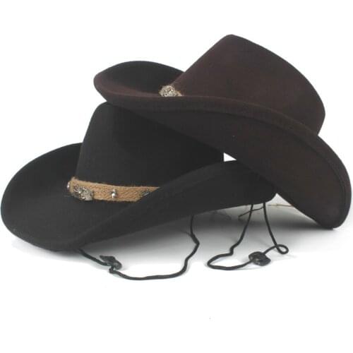 Women Men Wool Hollow Western Cowboy Hat Fedora Gentleman Outblack Sombrero Hombre Jazz Cap Wind Rope