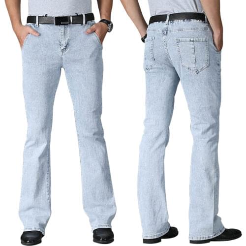 2021 Micro Flared Jeans Men Boot Cut Denim Pants Drawstring Stretch Waist Comfortable Fashion Classic Slim Light Blue Trousers