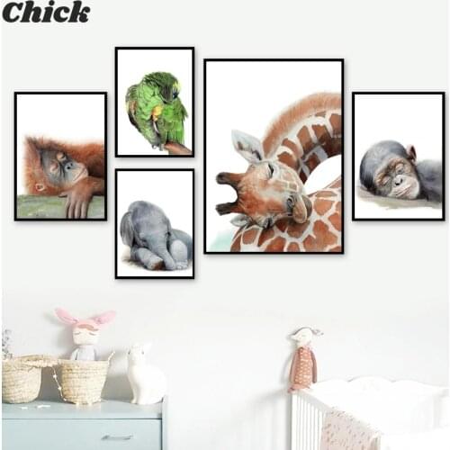 Elephant Giraffe Lion Tiger Zebra Parrot Nursery Wall Art Print Canvas Painting Nordic Poster Wall Pictures Baby Kids Room Decor