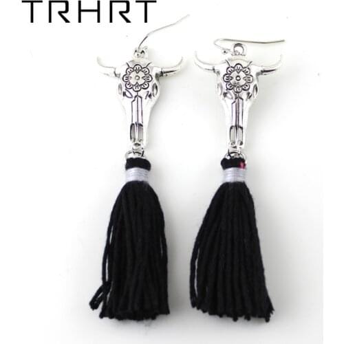 New Simple Bohemian earrings with cotton tassel Ethnic Bull skull tauren taurus charms earrings antique silver