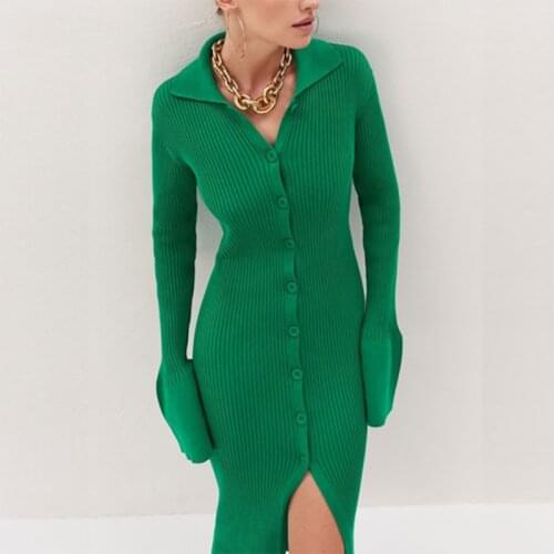 Autumn Winter Bodycon Knitted Dress Women Green Sweater Dress Sexy Midi Split V Neck Long Sleeve Slim Club Party Dresses