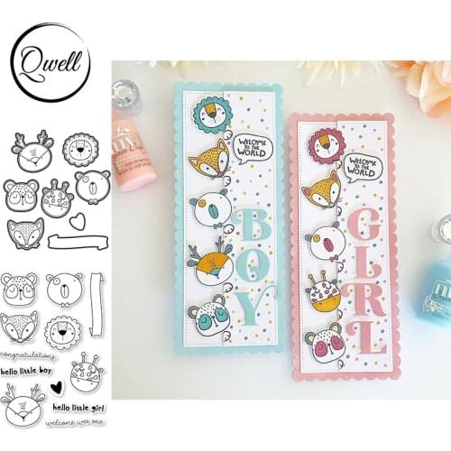 QWELL Animals Panda Fox Dog Giraffe Elf Head Cutting Dies and Clear Stamps Love Banner Congratulation DIY Craft Paper Cards