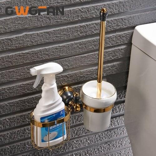 Luxury Golden Finish Toilet Brush Holder With Bathroom Shelf Whole Brass Bath Brush Rack With Basket For Cleanser XL-66832