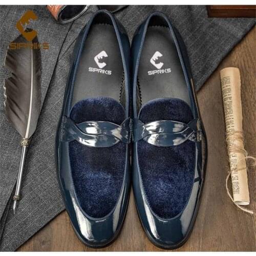 Sipriks Mens Patent Leather Blue Dress Shoes Fashion Velvet Loafers Grooms Wedding Shoes Slip On Smoking Moccasin Slippers Suit