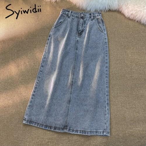Syiwidii Long Denim Skirt Women Vintage Stretchy High Wasit Streetwear Casual Pocket Straight Slit Jeans Skirts Summer 2021 New