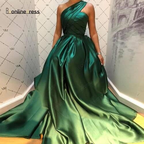 Bbonlinedress Green Evening Dress Satin A-Line One Shoulder Elegant Evening Dresses 2020 Pleat Long Formal Gowns Plus Size