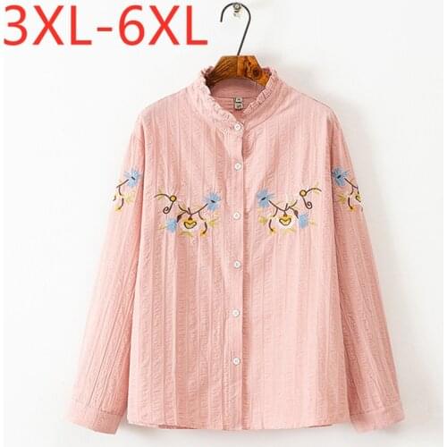 New 2021 Ladies Spring Autumn Plus Size Top For Women Large Long Sleeve Loose Pink Embroidery Cotton Shirt 3XL 4XL 5XL 6XL
