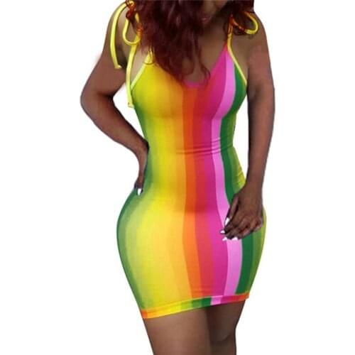 Colorful Stripe Sexy Bodycon Dress Women Fashion Off Shoulder Backless Party Dress Summer Sleeveless Strap Mini Sundress