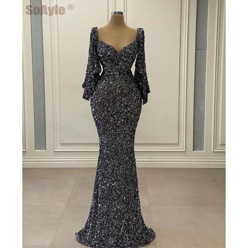 SoAyle Shining Sequine Evening Dress V Neck Dubai Mermaid Formal Evening Dress for women Vestidos de Fiesta