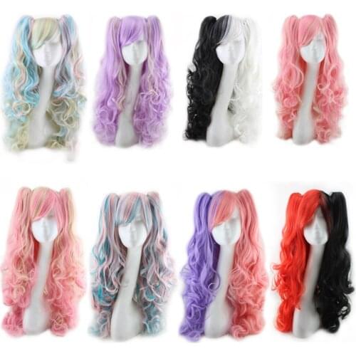 Anime cosplay wig purple/pink/blue multicolor long wavy wig Lolita double tiger clip synthetic heat-resistant color wig