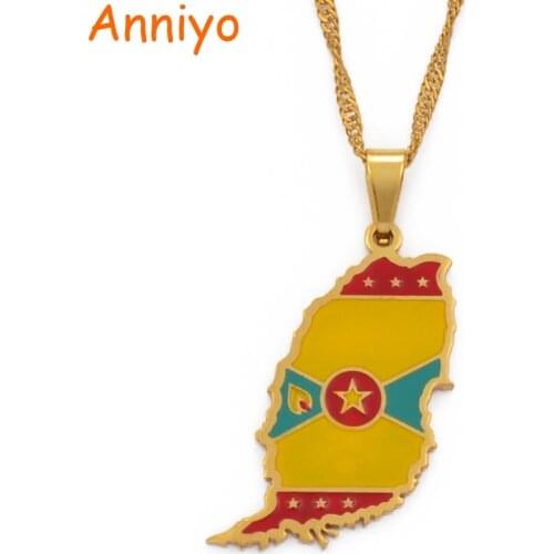 Anniyo Gold Color Grenada Island Map Flag Pendant and Water Wave Necklaces Jewelry Gifts #098821
