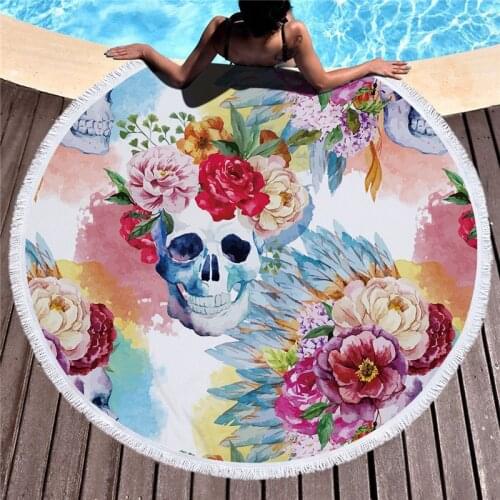 Large Bath Towel for Beach Thick Round Sugar Skull Printed Beach Towel Quick Compressed Towel Tapestry Mat 150*150CM