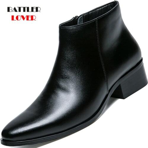 Men Chelsea Boots Genuine Leather Botas Wedding Dress Shoes for Male Formal Business Ankle Boot Winter Warm Black