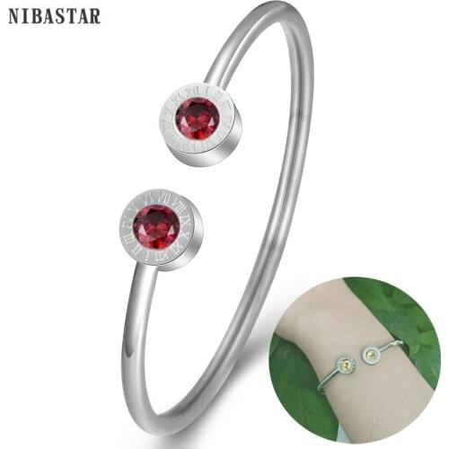 NIBASTAR Open 1-12 Birthstone Bracelets For Girl Women Roman Number Charm Bangle Birthday Gift Stainless Steel Crystal Jewelry