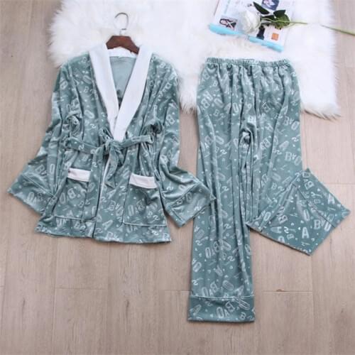 Womens Two-piece Long sleeve Velour Loungewear Pajamas Sets 2 Pcs Gold Velvet Keep Warm Pajamas Lace Sexy Robe+Long Pant Set
