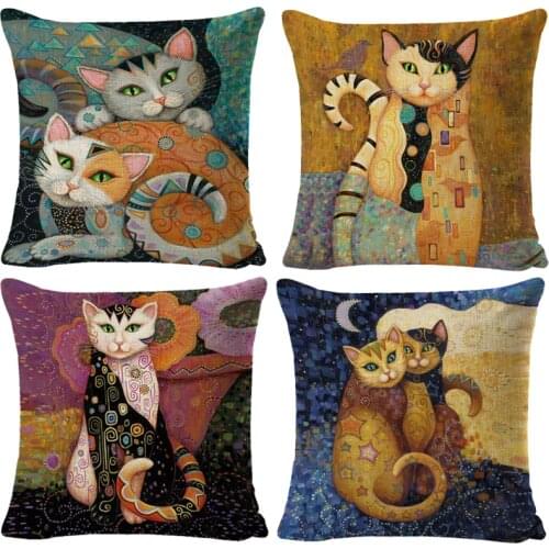 Oil Painting Cat Cushion Cover Art Gustav Klimt Gold Pattern Print Pillow Cover Linen Throw Pillowcase Car Home Sofa Decoration