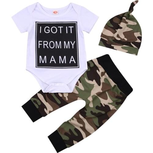 Newborn Babys Letter Printed Short Sleeve Romper Camouflage Trousers Hat for Infant