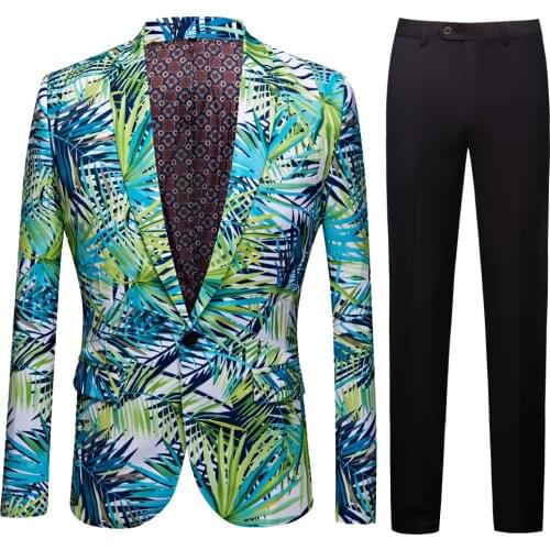 Mens Green Banana Leaf Printed Suit Men Slim Fit Suit Set Blazers Singer Costume Casual Night Party Bar Suit