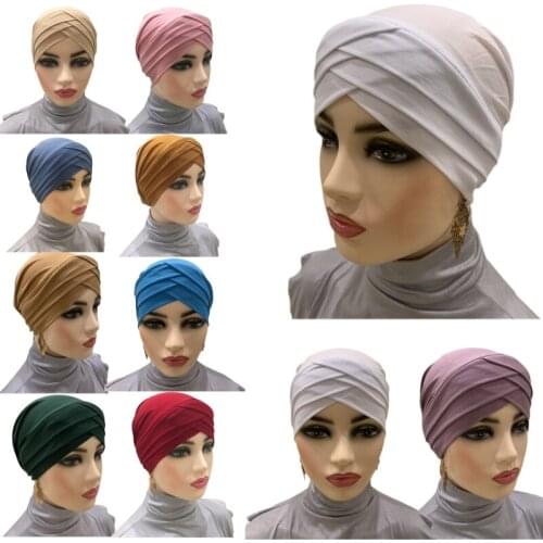 Cross Headgear Muslim Woman Solid Color Inner Hat Islamic Wrapped Turban Arab Hijab Beanie Chemo Cap Under Scarf Bonnet Casual