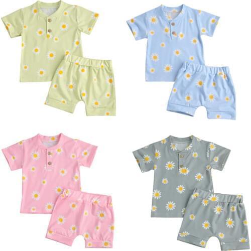 0-36 Months Baby Summer Outfit Set Short Sleeve Sunflower Print Top Shorts Set For Toddler Boys Sleepwear Set Girls Pajamas Set
