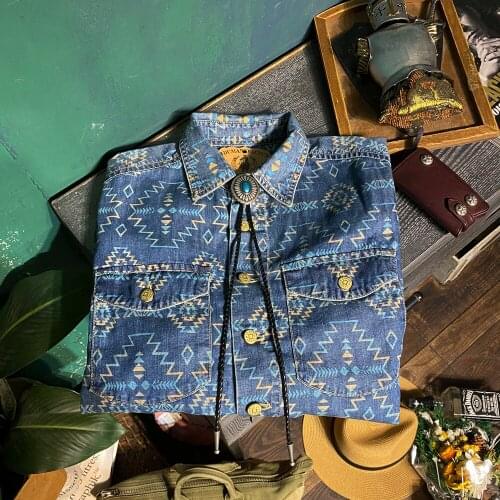 CDS318 Big US Size Genuine Super Quality Vintage Looking Stylish Durable Loose Fitting Mans Cotton Navajo Printing Denim Shirt