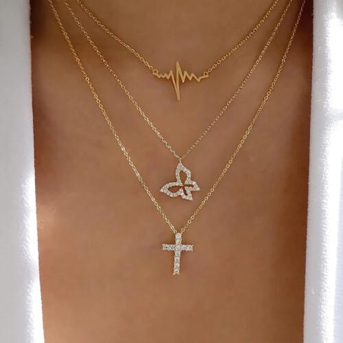 New Crystal Heart Rate Chart Pendant Necklaces For Women Multilevel Female Openwork Butterfly Cross Fashion Necklace Jewelry