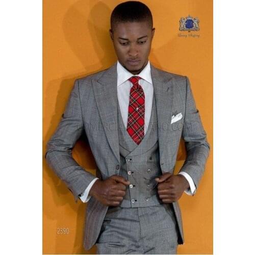New Arrival One Button Gray Groom Tuxedos Groomsmen Peak Lapel Mens Suits Blazers (Jacket+Pants+Vest+Tie) W:1040