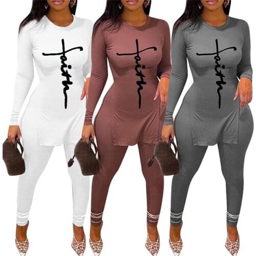 Sexy Two Piece Set Women Urban Leisure Commuter Pure Color Pit Stripe Lettering Long Sleeve Pants Sets Wholesale Dropshipping