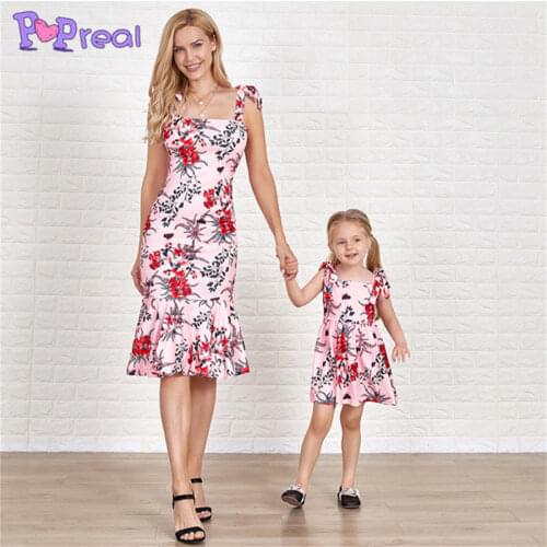 PopReal Mom And Daughter Dress Elegant Mermaid Skirt Family Matching Clothes Girl Kids Dress Mother And Daughter Outfits Bow Tie