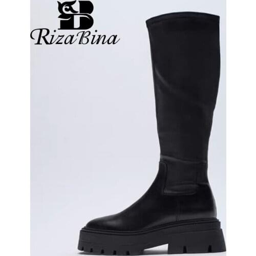 RIZABINA New Women Knee High Boots Real Leather Thick Bottom WomenS Winter Shoes Fashion Cool Long Boots Women Footwear 35-40