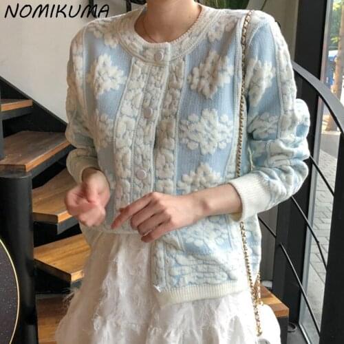Nomikuma Chic Floral Embroidery Sweater Coat Korean Elegant Long Sleeve O-neck Knit Cardigan Causal 2021 Autumn Knitwear 6Z161