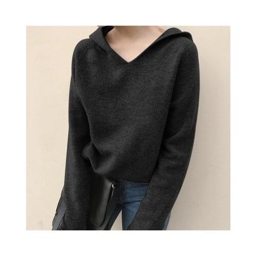 Spring And Autumn New Solid Hooded Sweater Womens V-Neck Loose Knit Pullover Casual Hooded Sweaters For Women 2020 Black Tops