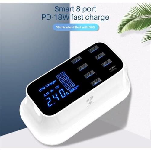 Smart LED Digital Power Charger PD 18W Type-C + 2.4A 7 USB Charger Mobile Phone Power Adapter Fast Charging Speed Up Lifting 96