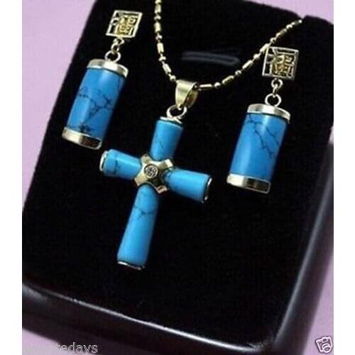Gorgeous Natural stone "cross" Pendant Necklace + Earrings^^^^NEW style Fine jewe Noble Natural Natural