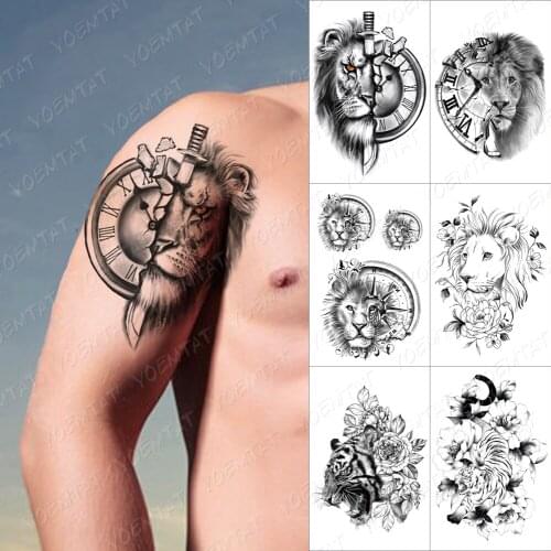 Temporary Tattoo Clock Lion Knife Tatto Sticker For Men Women Rose Owl Wolf Fox Waterproof Fake Henna Tiger Animal Body Art Tato