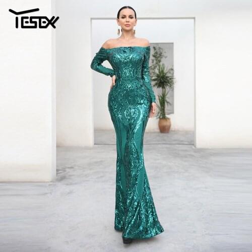 Yesexy 2021 Autumn Winter Sexy Off the Shoulder Sequin Party Dress Long Sleeve Women Bodycon Dress Party Maxi Dresses VR18392