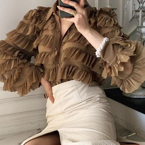 Womens summer shirt 2021 new fashion lapel single-breasted loose lantern sleeves heavy stitching cake shirt women