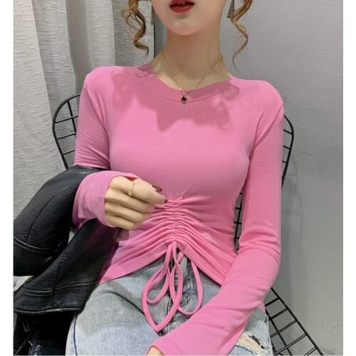 Harteen O Neck Long Sleeve Tees Skinny Slim Basic Woman T Shirts Pink T Shirt Women Shirring Sexy Soild 2021 Autumn Casual Tops