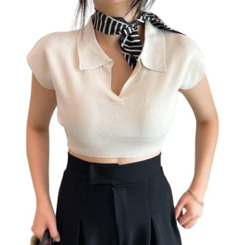 Women Solid Turn-down Collar Casual Tee Shirt Slim Exposed Navel Knitted Short Sleeve T-Shirt Tops