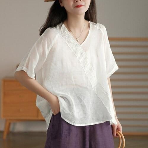 Johnature Ramie T-Shirts Women Vintage Tops Long Sleeve 2021 Summer New Casual Style V-neck Loose Solid 3 Color Chinese T Shirts