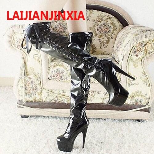 LAIJIANJINXIA Black Women Night Club Sexy 15cm High Heel Over The Knee Boots Party Queen Shoes Platform Pole Dance Shoes