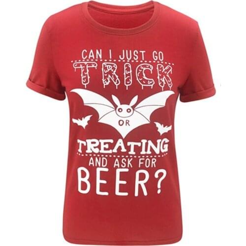 Women Ghost Vampire Bat Cartoon Print Letter Summer Casual T Shirt O Neck Short Casual Halloween Red T-shirt Harajuku Tops Tees