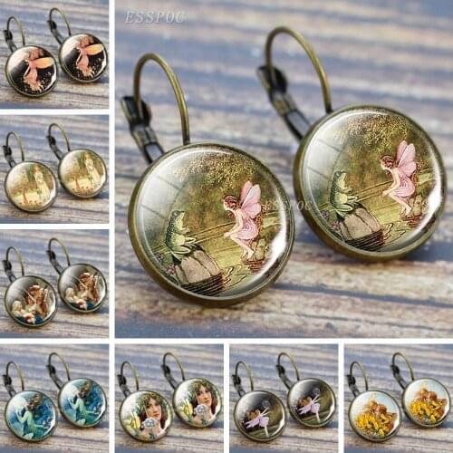 Elf Earrings Angel Wings Art Photo Frog Fairy Tale Retro Hoop Earrings Glass Cabochon Women Vintage Stud Earring Charm Jewelry
