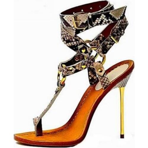 Women Sexy Gold Metal Heels Snakeskin Sandals Ring Buckle Stiletto Heels Pumps Python Cross Strappy Gladiator Sandal Shoes