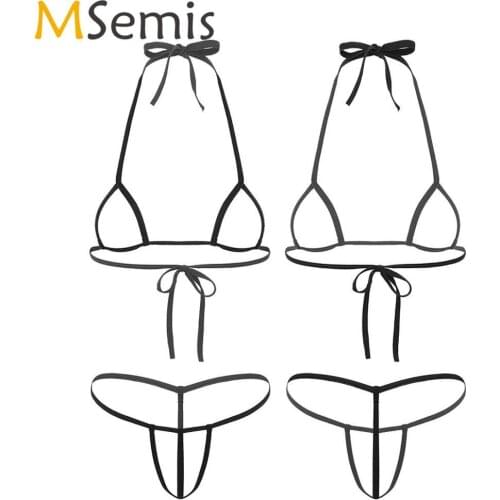 Women Erotic Lingerie Set Halter Open Cups Self-tie Bra Top with G-String Thong Underwear Sexy Hollow Out Micro Bikini Nightwear